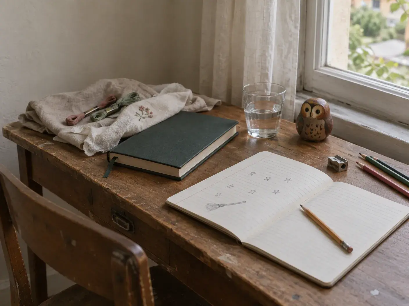 Pencere kenarında ahşap bir çalışma masası: açık çizgili defterin sayfalarında kurşun kalemle çizilmiş yıldızlar ve küçük bir süpürge, üstünde bir kalem; yanında koyu yeşil kapaklı kalın bir kitap, bir bardak su, ahşap bir baykuş biblosu, birkaç kurşun kalem ve bir kalemtıraş; dışarıda bulanık yeşillik