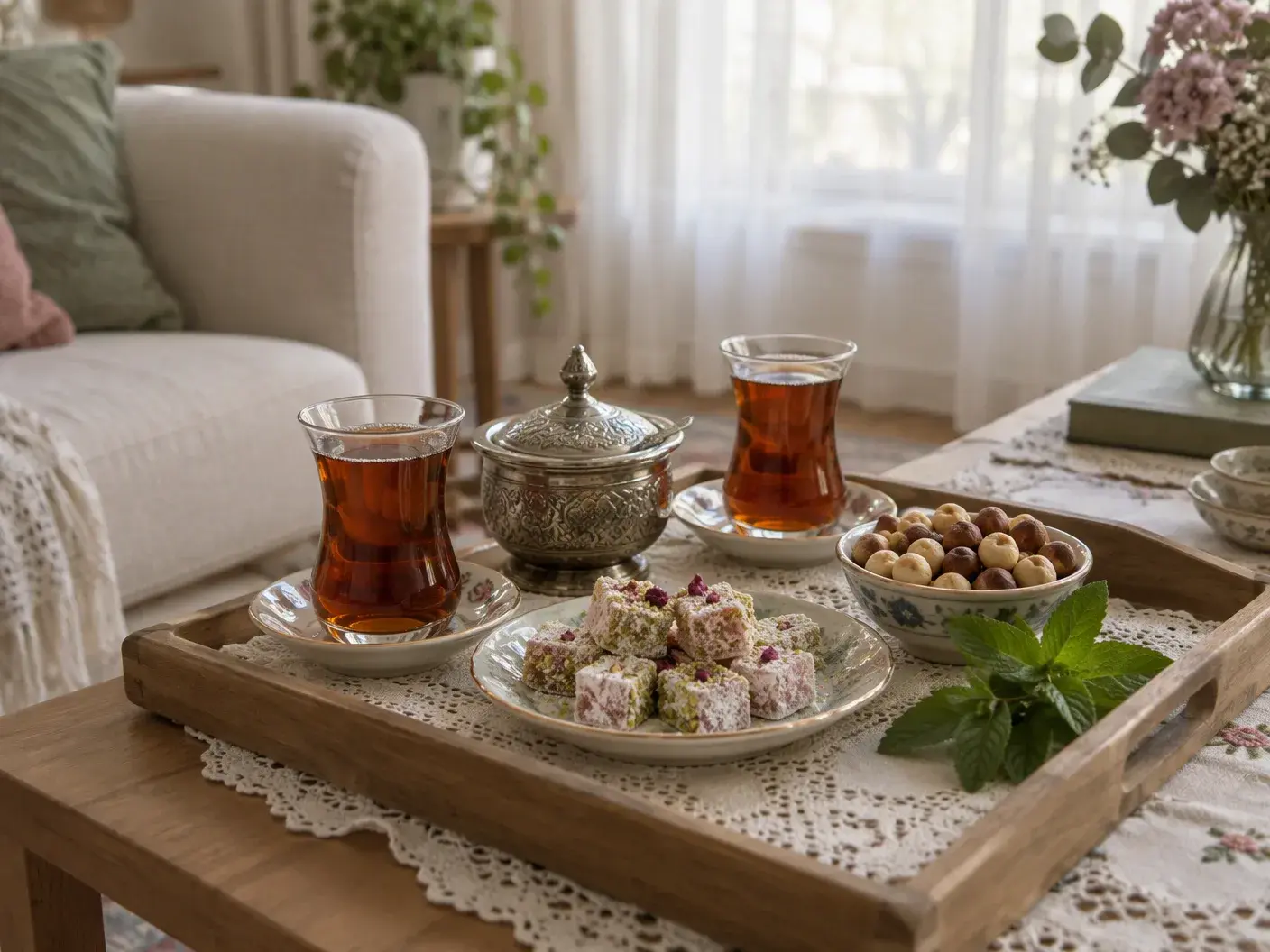 Dantel örtülü ahşap bir misafir tepsisi: tabaklarında iki ince belli bardakta çay, kapaklı işlemeli bir şekerlik, bir tabak lokum, bir kâse fındık ve bir dal nane; arkada krem bir koltuk, aydınlık perdeli pencere ve bir vazo çiçek
