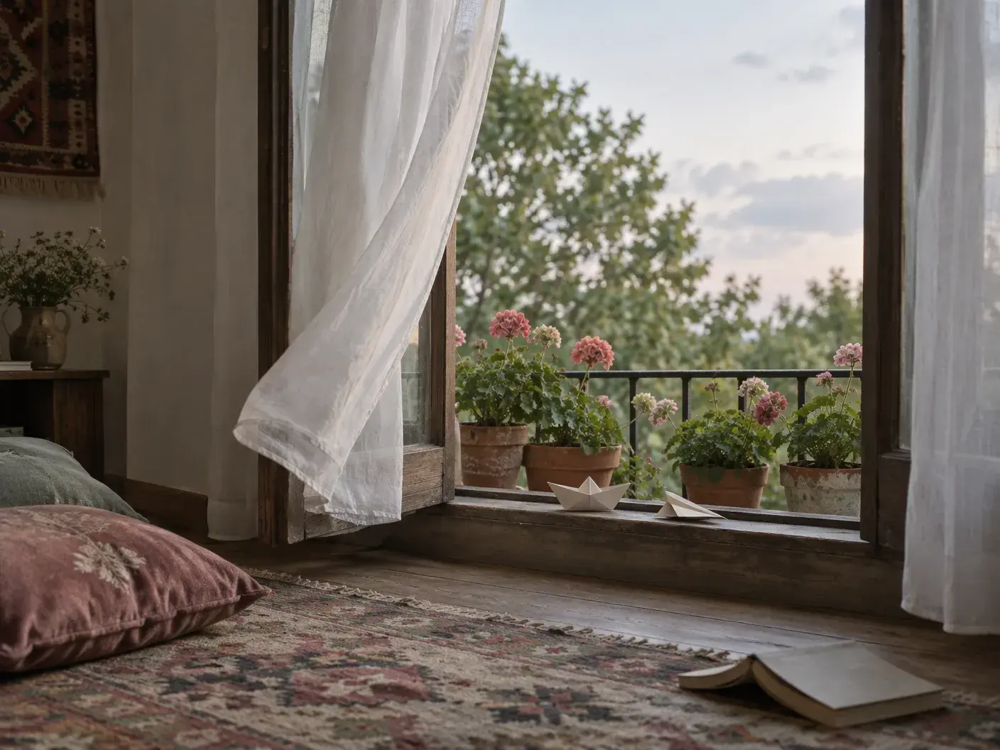 Tül perdelerle çevrili açık bir balkon penceresi: ahşap denizlikte pembe çiçekli dört toprak saksı ve aralarında iki kâğıt gemi; içeride desenli bir kilim, iki minder ve önde açık bırakılmış bir kitap; dışarıda yeşil ağaçlar ve açık, bulutlu bir gökyüzü