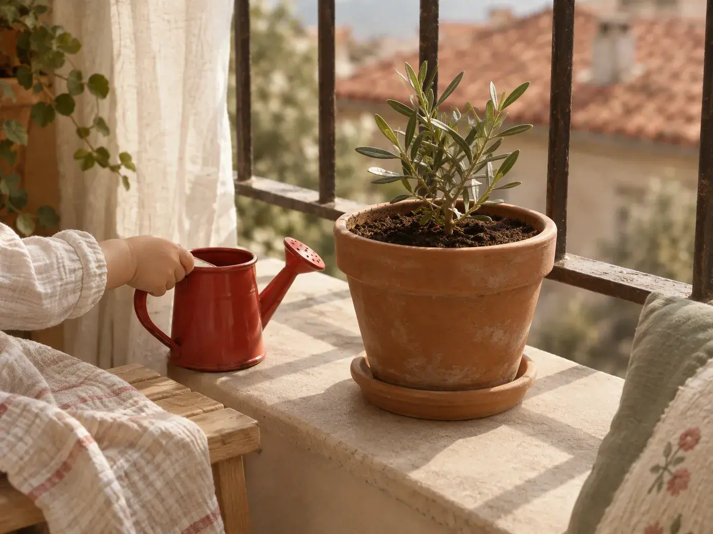 Balkon korkuluğunun önünde toprağı yeni doldurulmuş bir saksı, yanında kırmızı bir çocuk sulama kabı, arkada kiremit çatılar