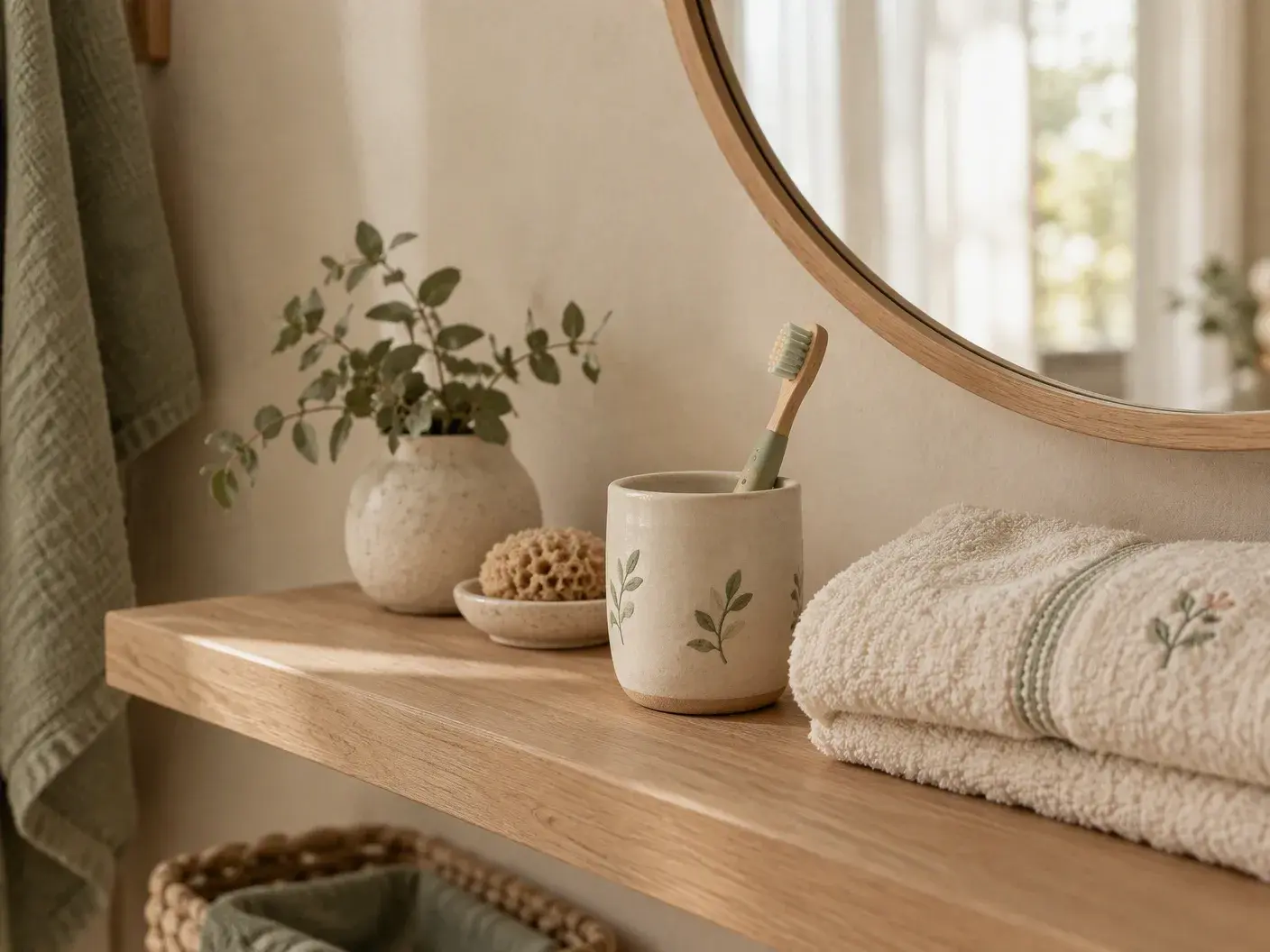 Banyo rafında seramik bardakta bir çocuk diş fırçası, katlanmış havlu ve yuvarlak ayna