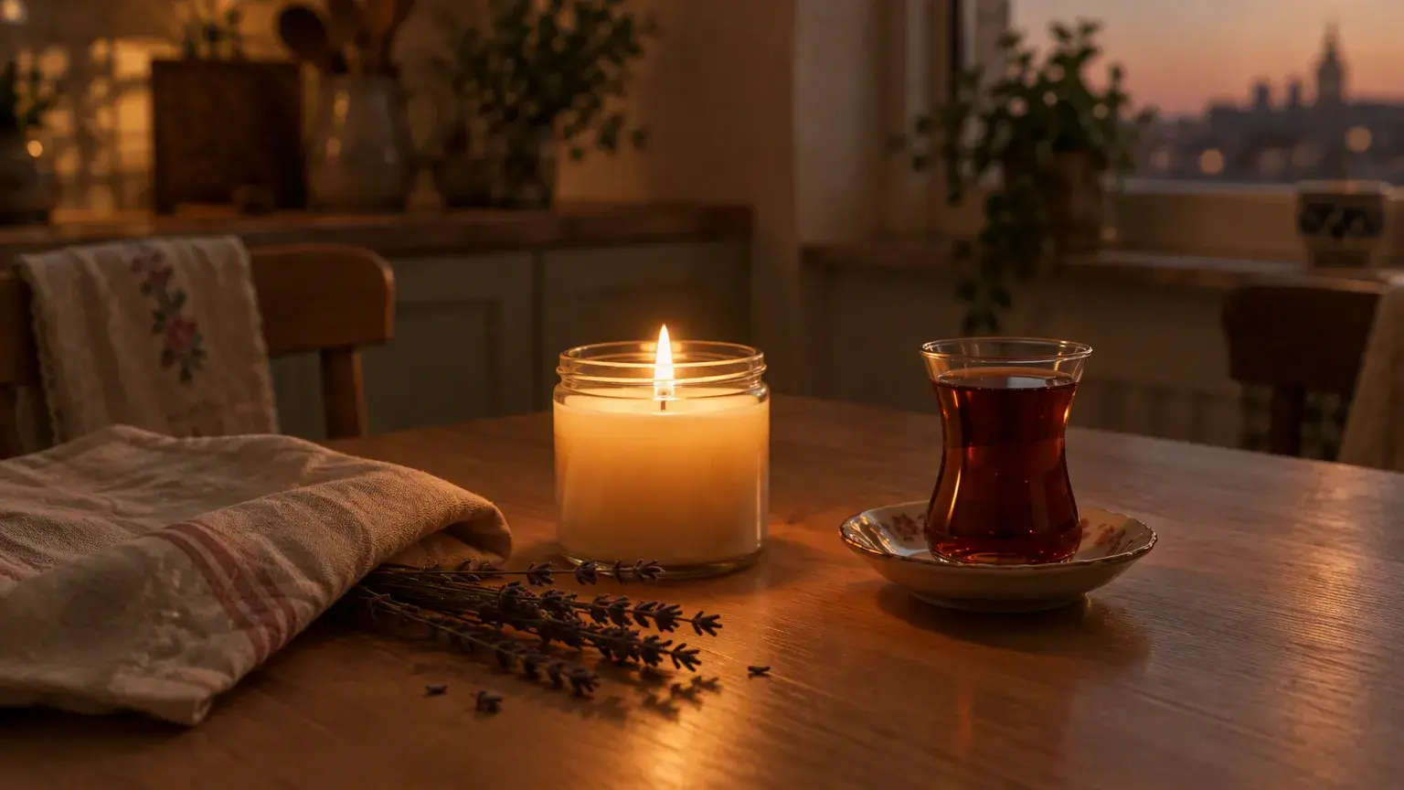 Loş bir mutfak masasında krem renkli el yapımı bir kavanoz mum yanıyor; yanında keten bir bez, kurutulmuş lavanta ve bir bardak çay