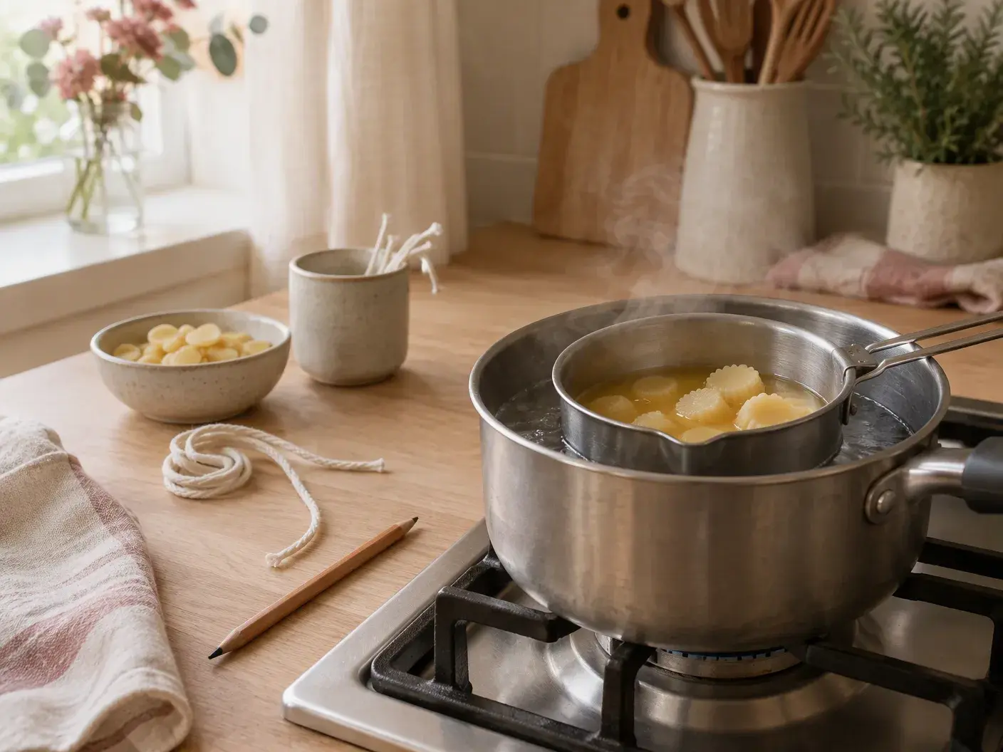 A bain-marie on the hob: cream beeswax melting in a small pot inside a saucepan of water, cotton wick and a pencil beside it