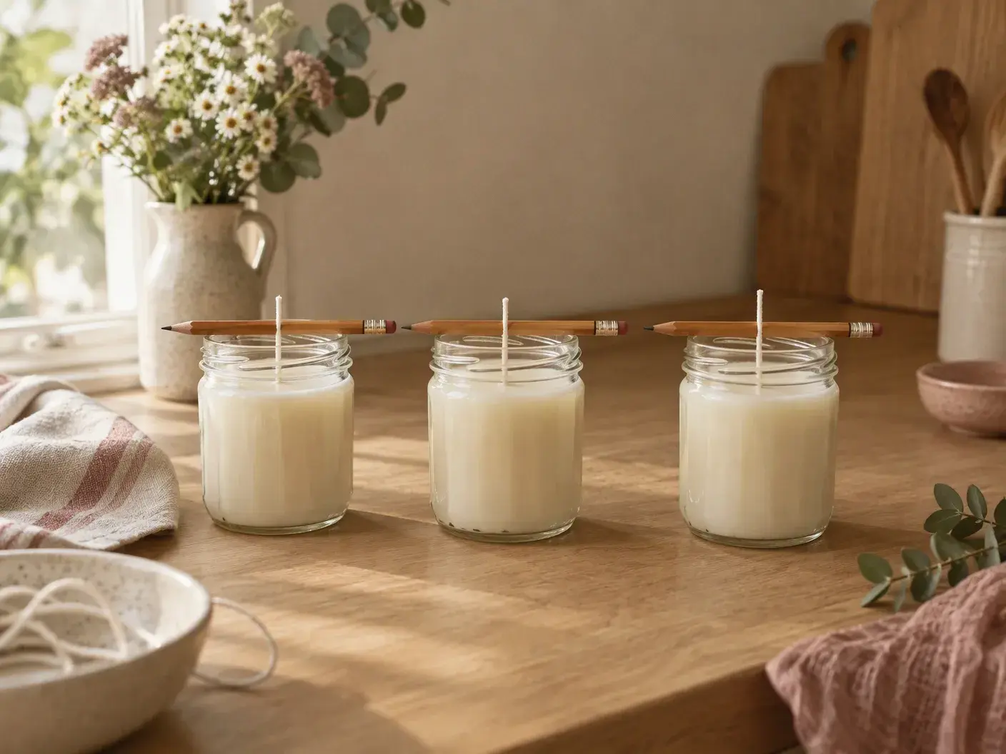 Three glass jars in a row on a kitchen counter, cream wax cooling inside, wicks held upright by pencils