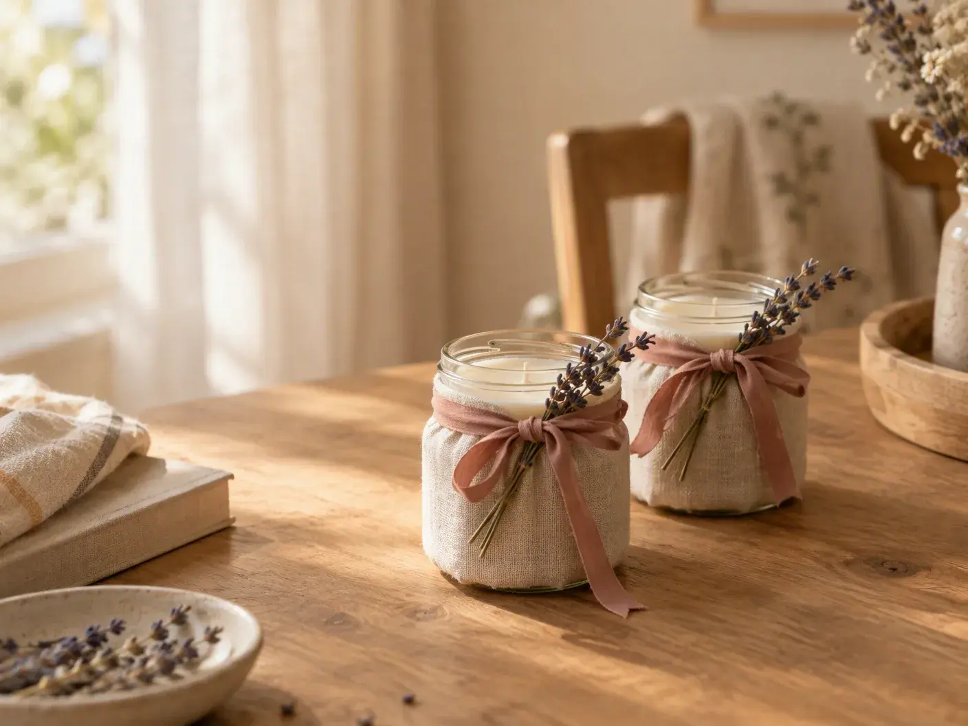 Two jar candles wrapped in linen and tied with ribbon, a sprig of dried lavender beside them, ready to give