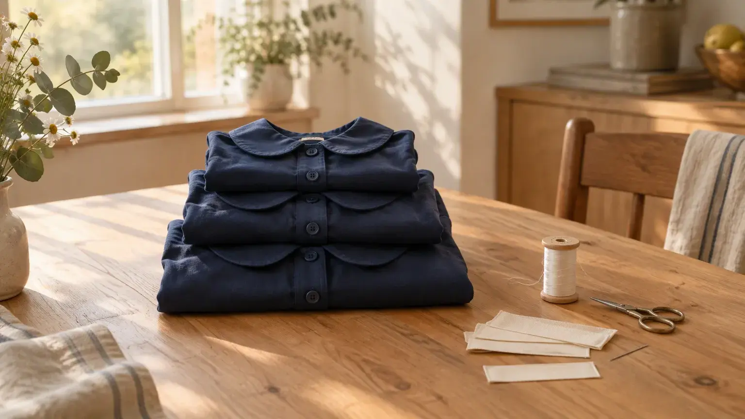 Folded navy school smocks on a wooden table with a reel of thread, scissors and a small fabric label sewn into a collar