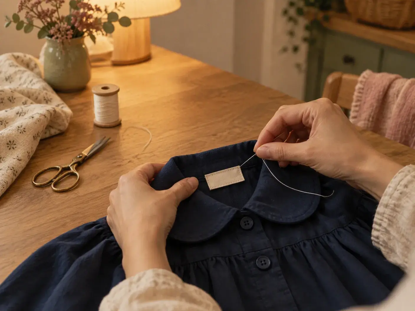 A woman’s hands sewing a small fabric label inside the collar of a navy school smock, reel and scissors on the table