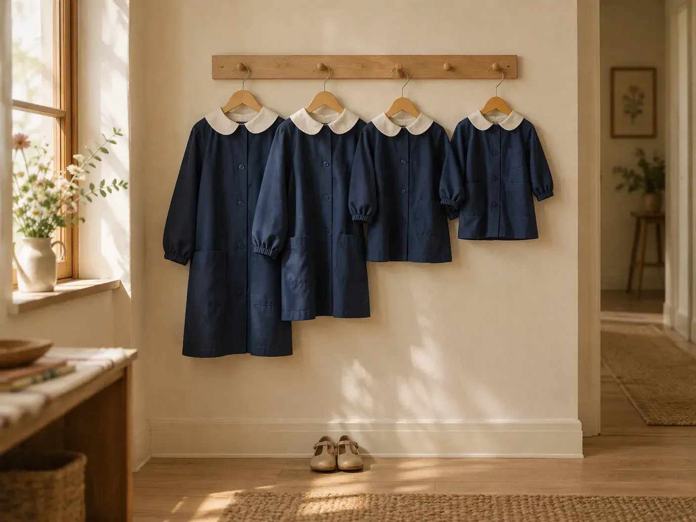 Four navy school smocks with white collars hanging in height order on a wooden peg rail, a small pair of shoes beneath, morning light