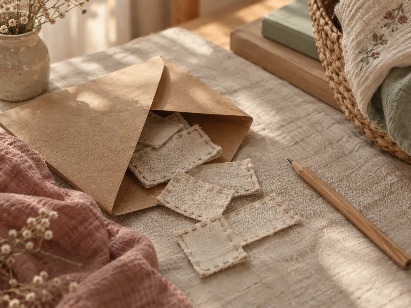 A few worn fabric labels with hand-stitch marks inside an open envelope, a pencil beside it