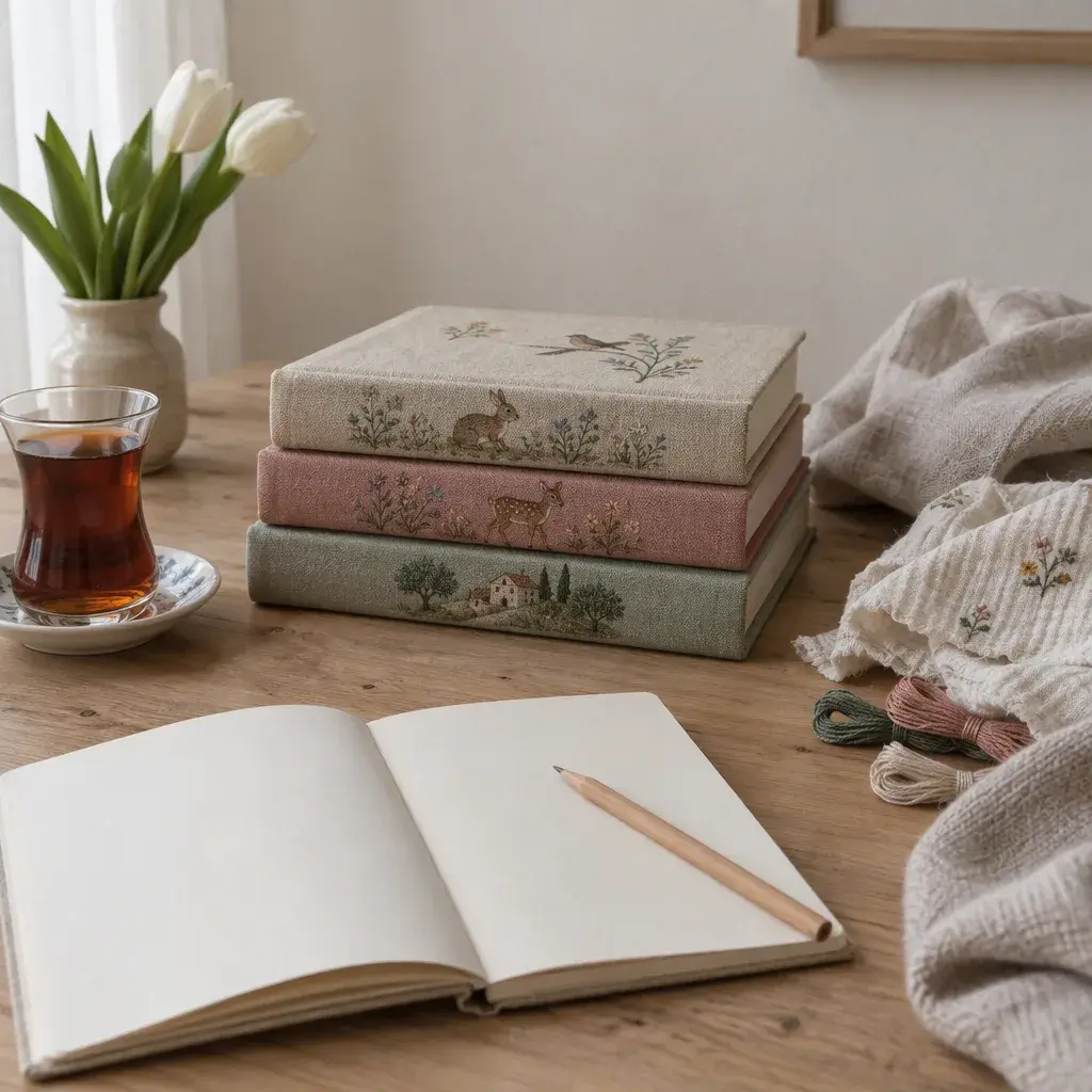 Temporary image for Zehra Topaç: a small stack of illustrated storybooks on a wooden desk, an open notebook, a pencil and a glass of tea; soft light from a window behind