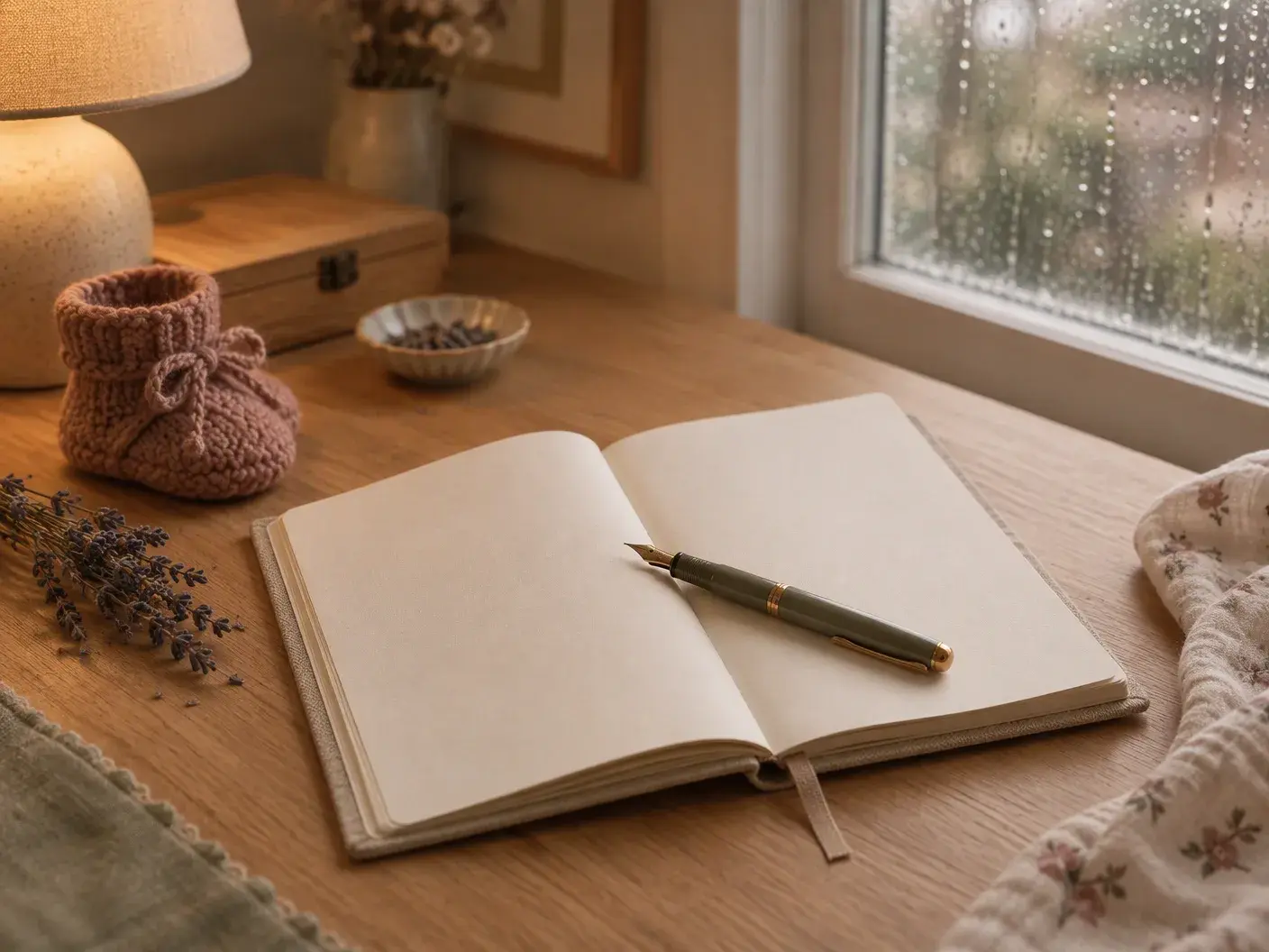 An open cream linen baby journal with a fountain pen resting on it, a blush knitted bootie and a sprig of lavender beside it, a rainy window behind
