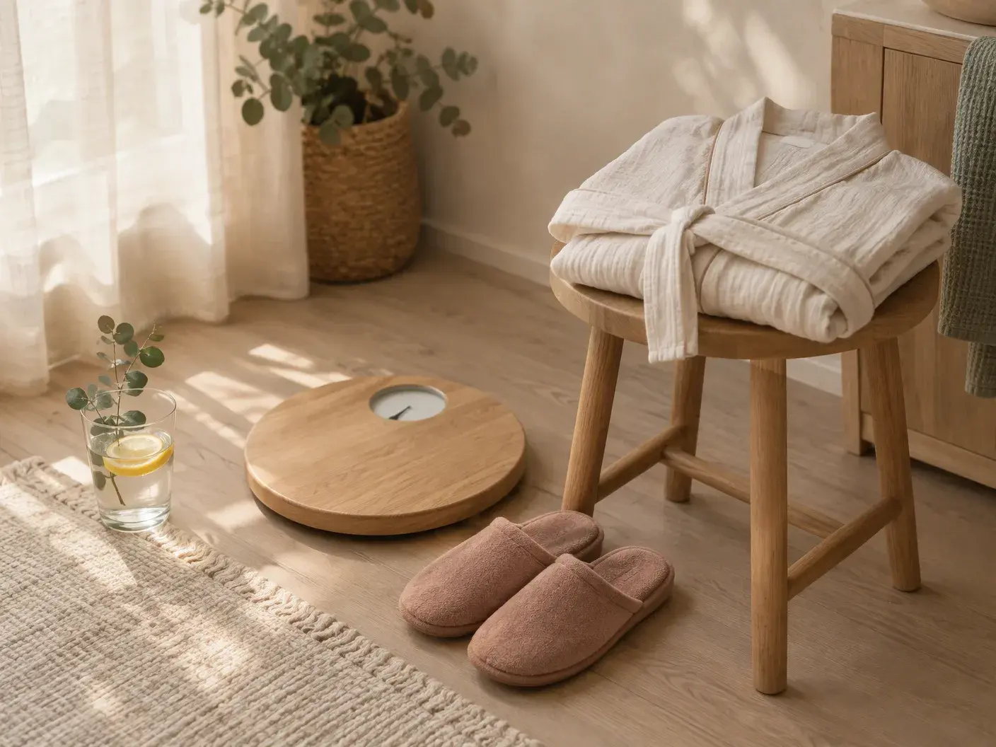 A cream linen robe folded on a light oak stool beside a small wooden scale with a plain dial, dusty-rose slippers, a glass of lemon water and a sprig of eucalyptus