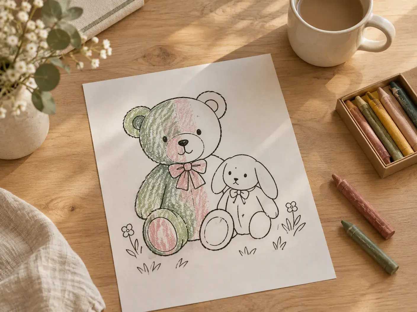 An A4 colouring page of a teddy bear and a rabbit in bold outlines, half coloured in crayon, with a box of wax crayons on a light oak table