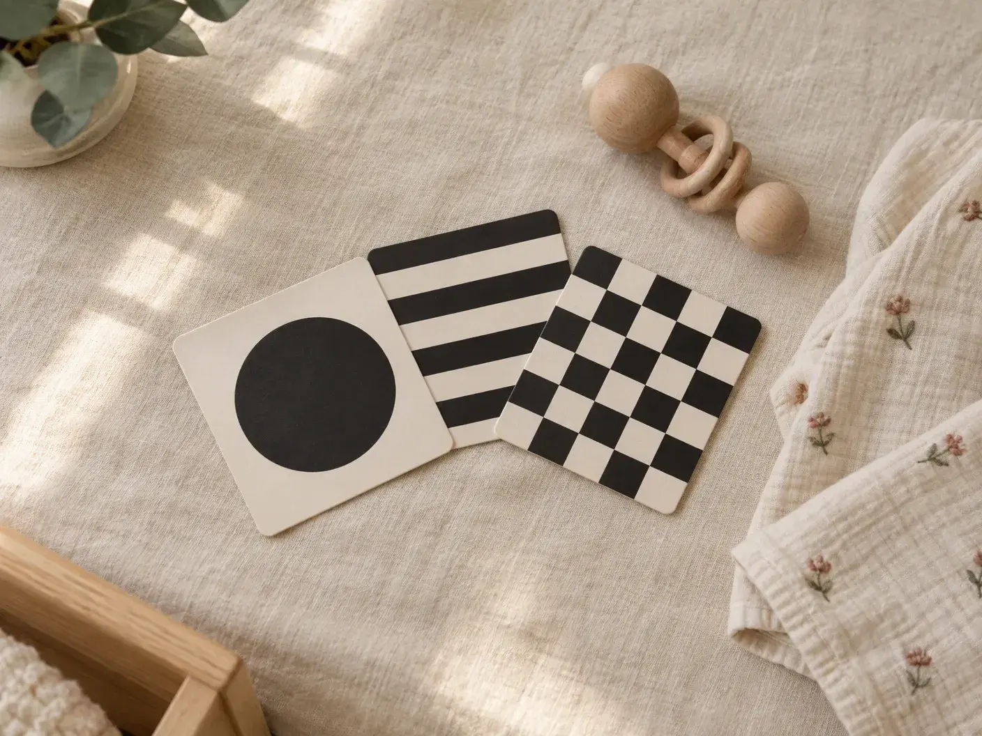 Three black-and-white geometric cards (a circle, stripes, a checkerboard) fanned on a cream linen blanket beside a small wooden rattle and a folded muslin cloth