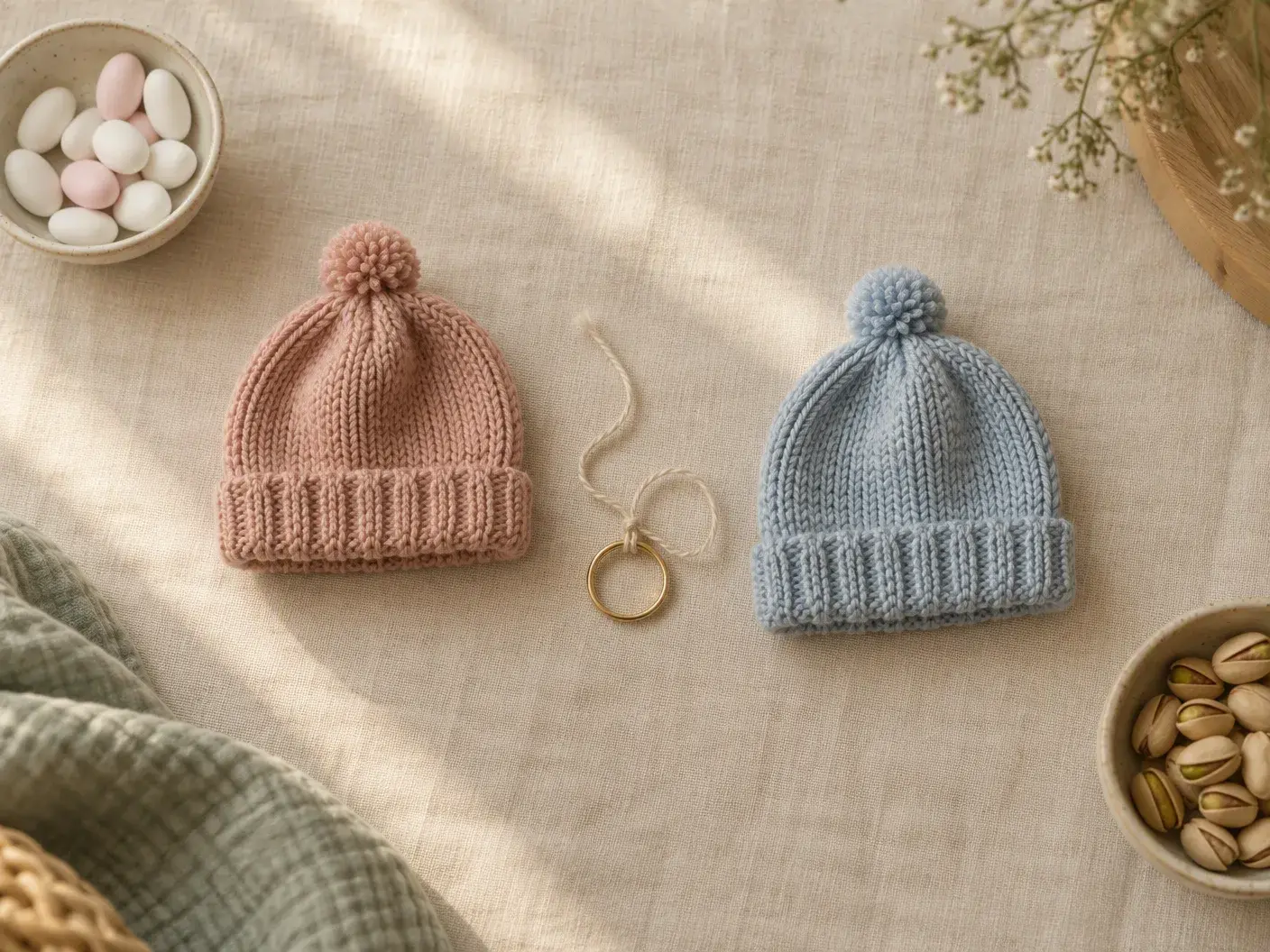 Two tiny knitted baby hats, one blush and one powder blue, on cream linen with a gold ring on a thread between them, a bowl of sugared almonds and a bowl of salted pistachios