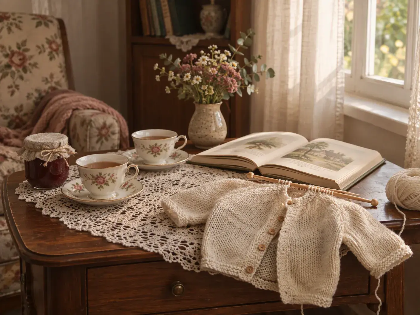 Two vintage porcelain teacups on a lace doily, a half-knitted cream baby cardigan with needles, an open storybook and a jar of jam on a walnut table