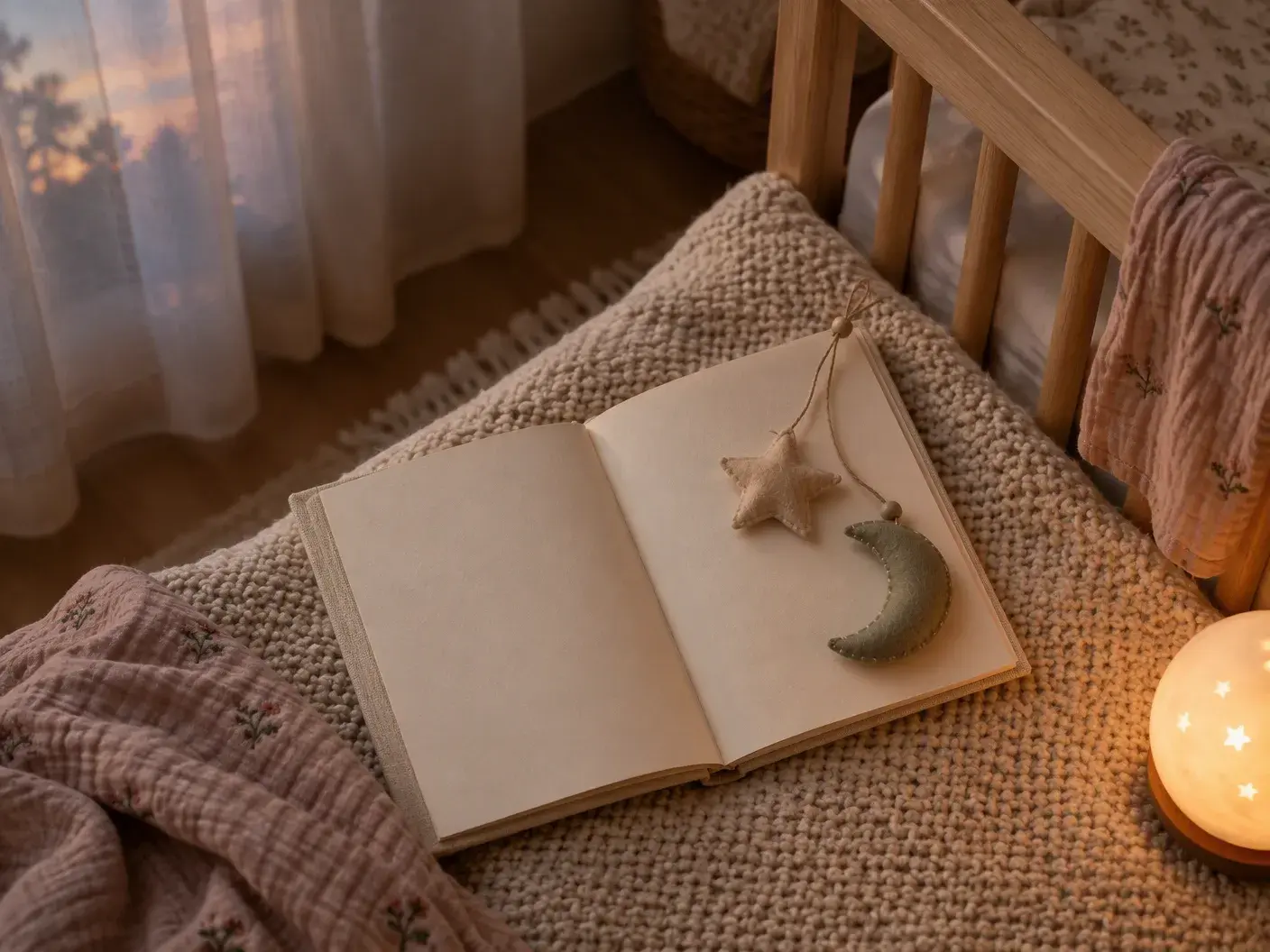 A small cream linen book lying open on a knitted blanket by a light oak crib rail, a felt star and moon on the page, a warm night light at the edge