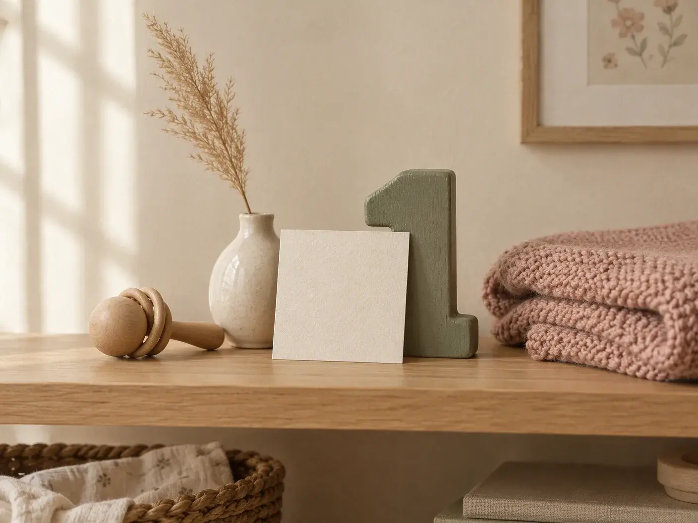 A small cream card leaning on a sage-green wooden number block on a light oak nursery shelf, a blush knitted blanket and a wooden rattle beside it