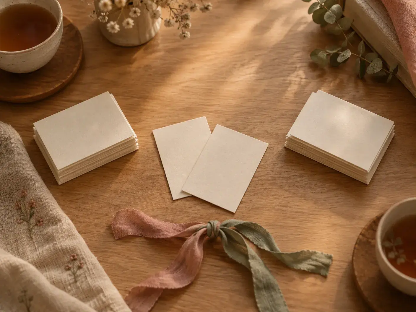 Two stacks of blank name cards facing each other on an oak table, two cards overlapping in the middle and a knotted rose-and-sage ribbon