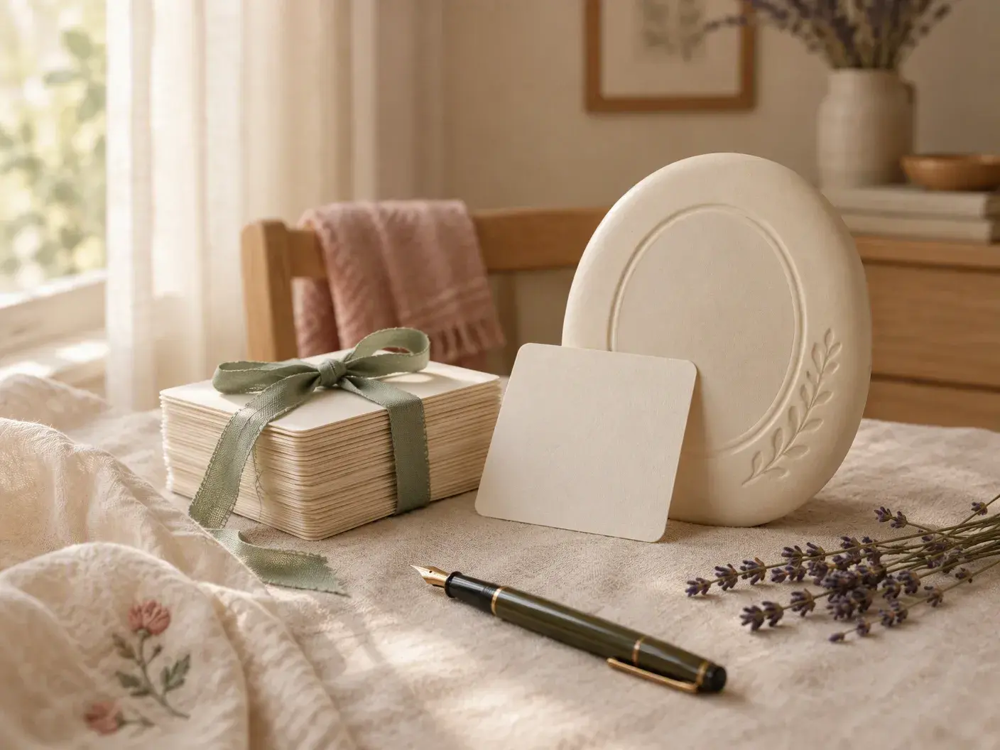 Blank name cards tied with sage ribbon, a cream keepsake plaque and a fountain pen