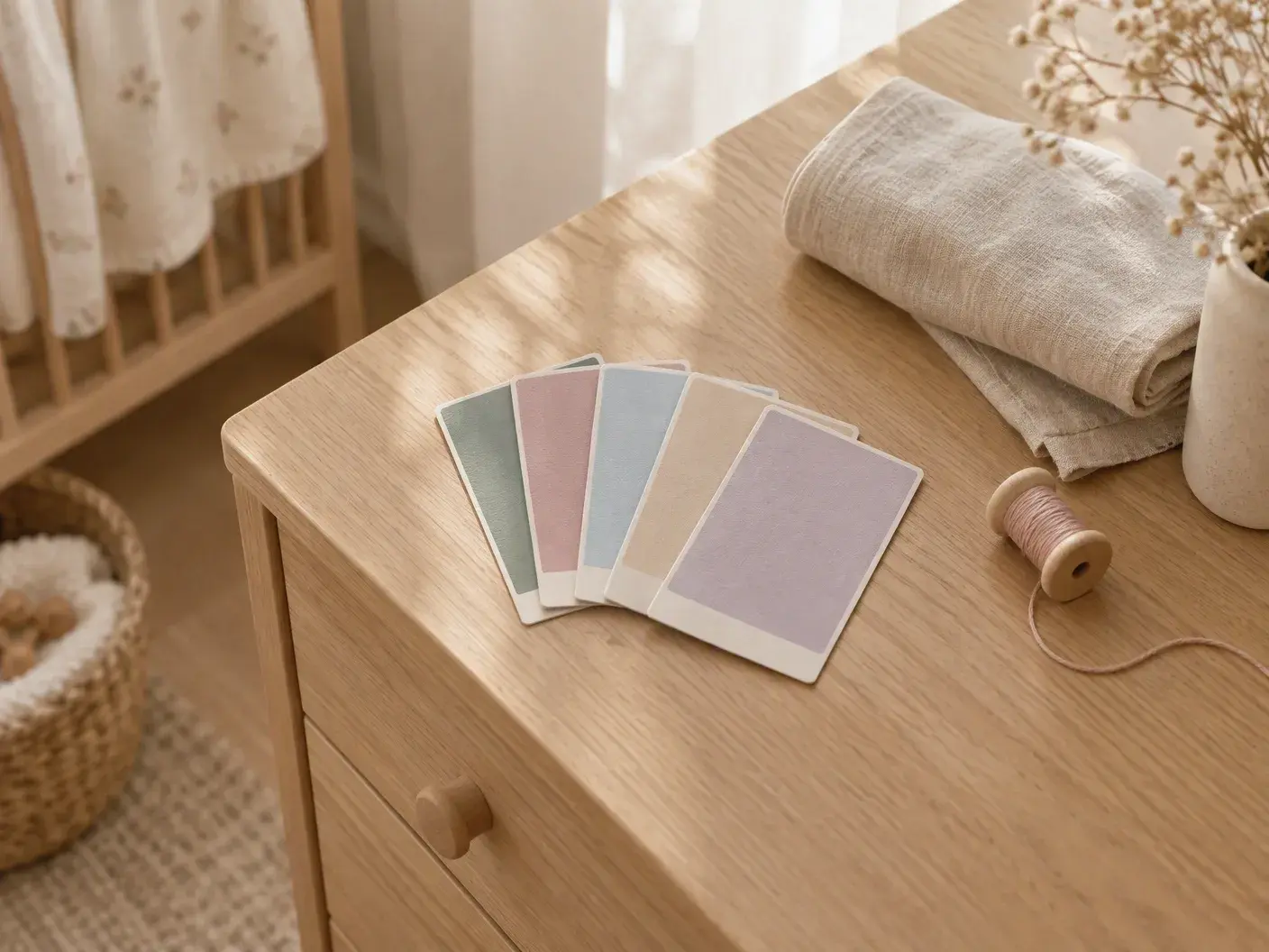 Five colour swatch cards fanned out on a light oak dresser — sage, blush, powder blue, sand and lavender — with a roll of linen and a wooden spool of thread