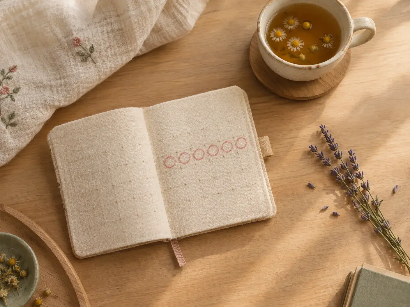 A linen pocket calendar open on a light oak table, six days softly circled in blush pencil, a sprig of lavender and a cup of chamomile tea