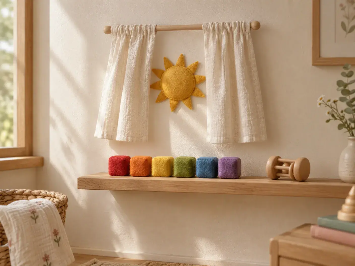Small cream linen curtains parted on a tiny wooden rod revealing a bright yellow felt sun; six soft felt colour squares and a small wooden rattle on a light oak shelf beneath