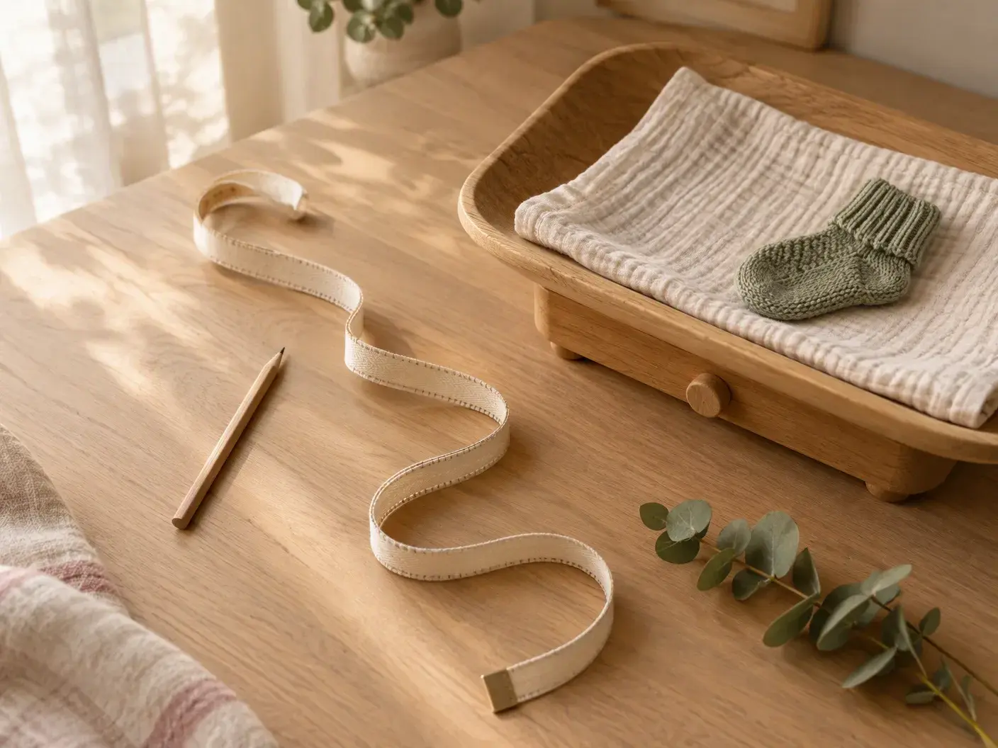 A cream fabric tape measure curling across a light oak table beside a small wooden baby scale lined with muslin, a tiny sage-green knitted sock and a sprig of eucalyptus