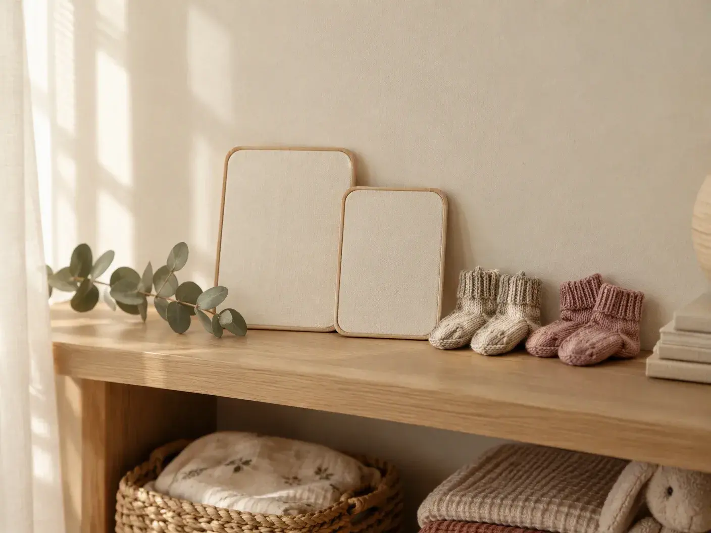 Two cream keepsake plaques, one larger and one smaller, side by side on an oak shelf next to oat and rose knitted baby socks