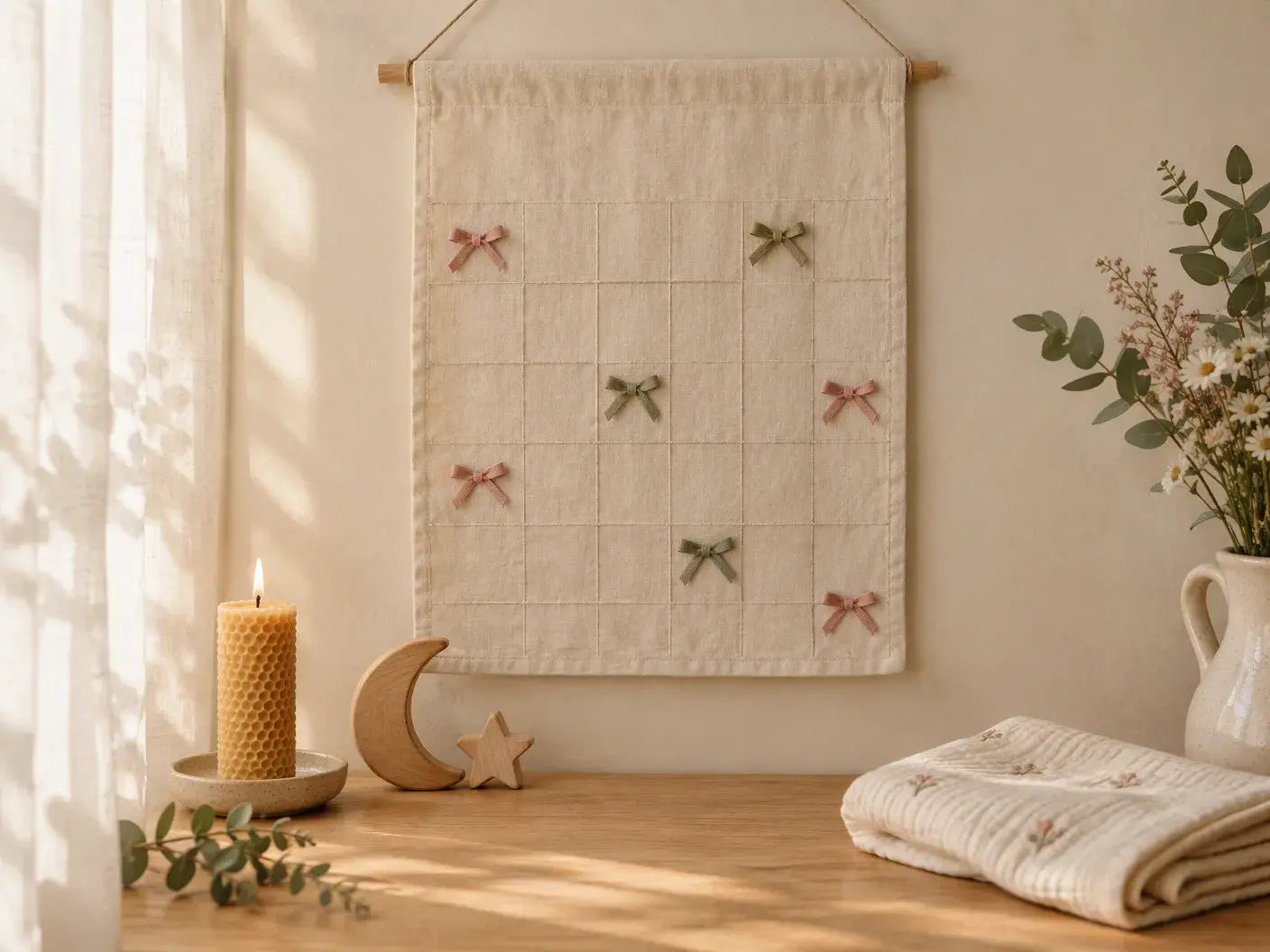 A linen wall calendar with days marked by ribbon bows, a wooden crescent-and-star ornament and a candle below