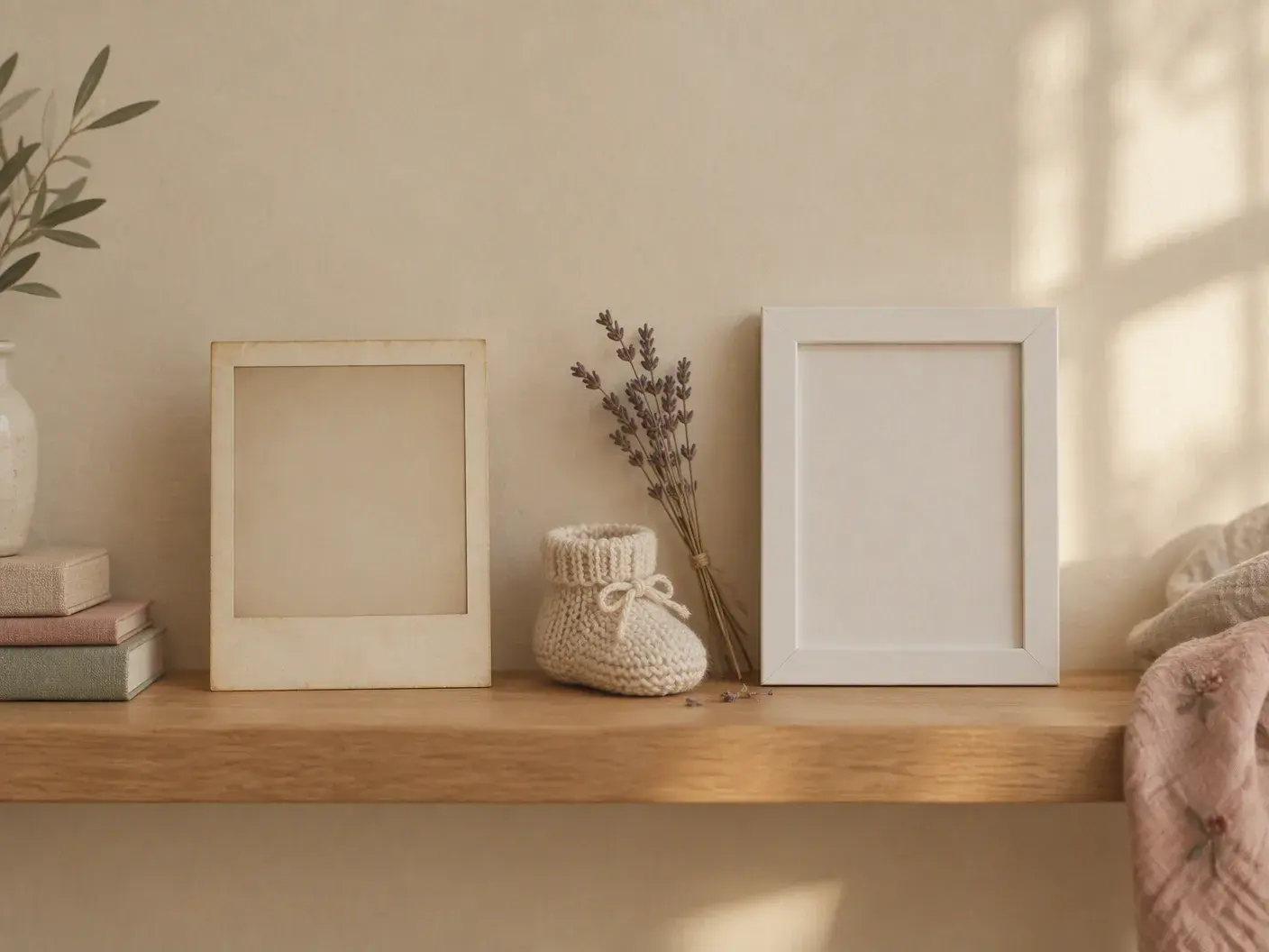 Two empty photo frames side by side on a light oak shelf: an aged cream-bordered instant print and a modern white frame, a knitted bootie and lavender between them