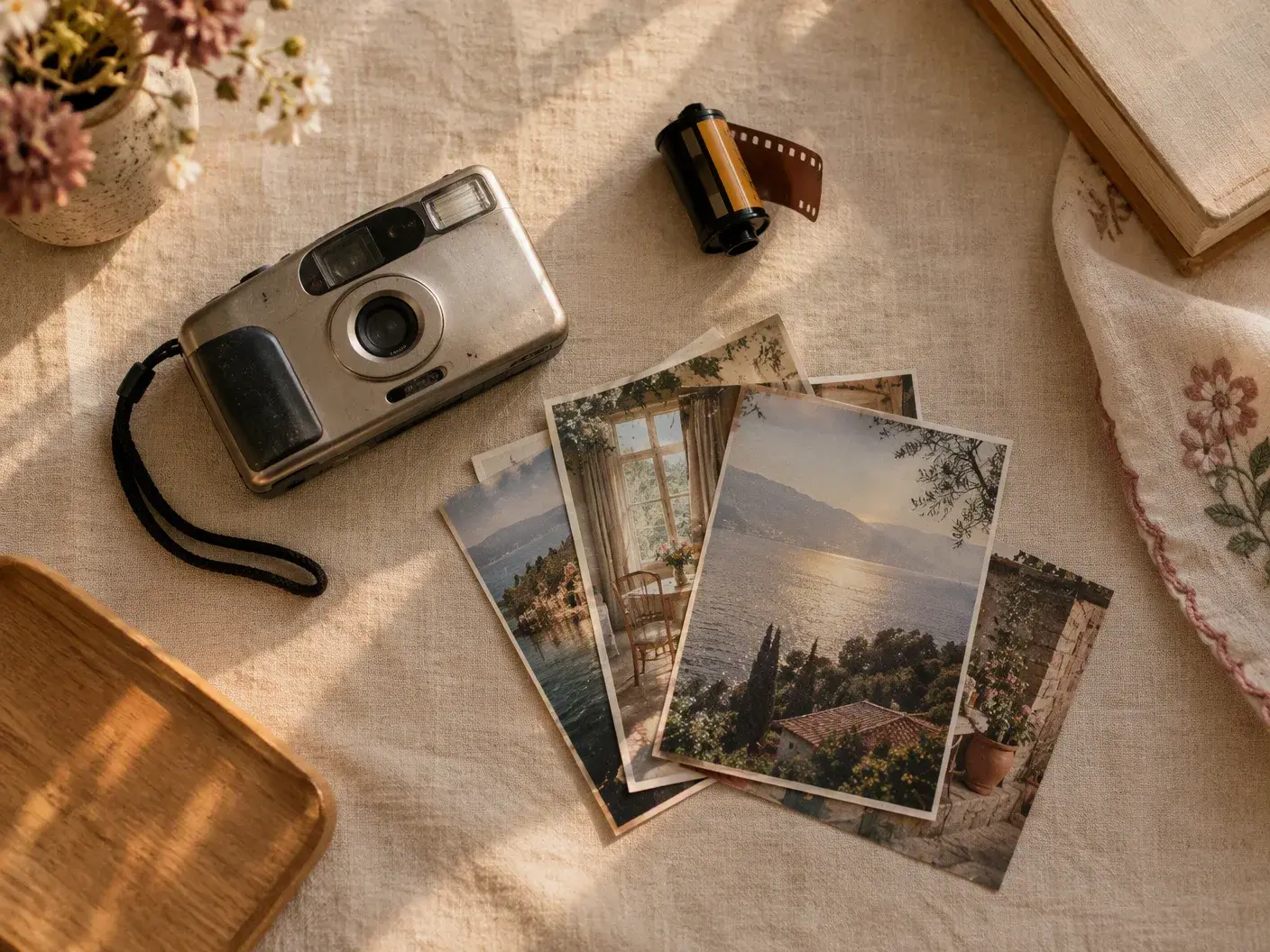 A vintage compact film camera, a roll of film and faded landscape prints on linen