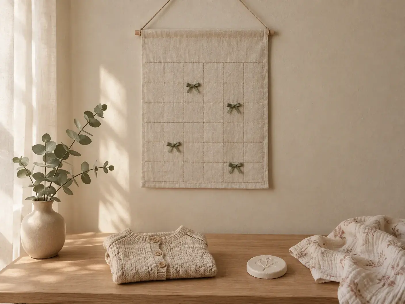 A linen wall calendar with days marked by sage ribbon bows, a folded tiny knitted cardigan, a round plaster and a muslin cloth beneath it