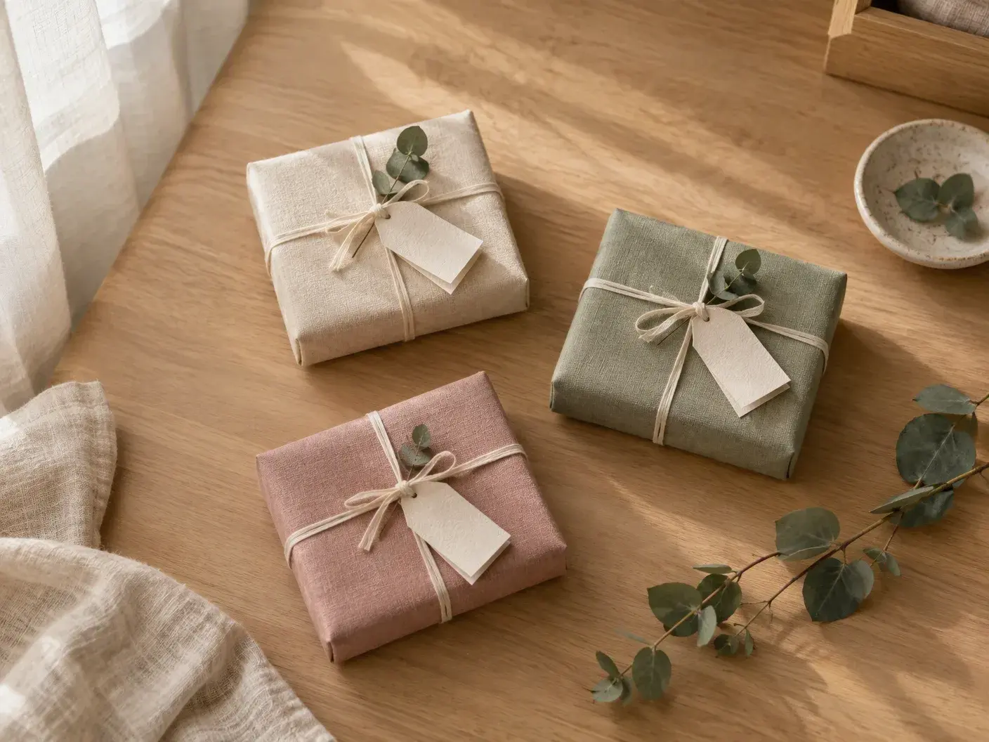 Three small gift boxes wrapped in cream, sage and blush linen paper with blank tags and a sprig of eucalyptus on a light oak table