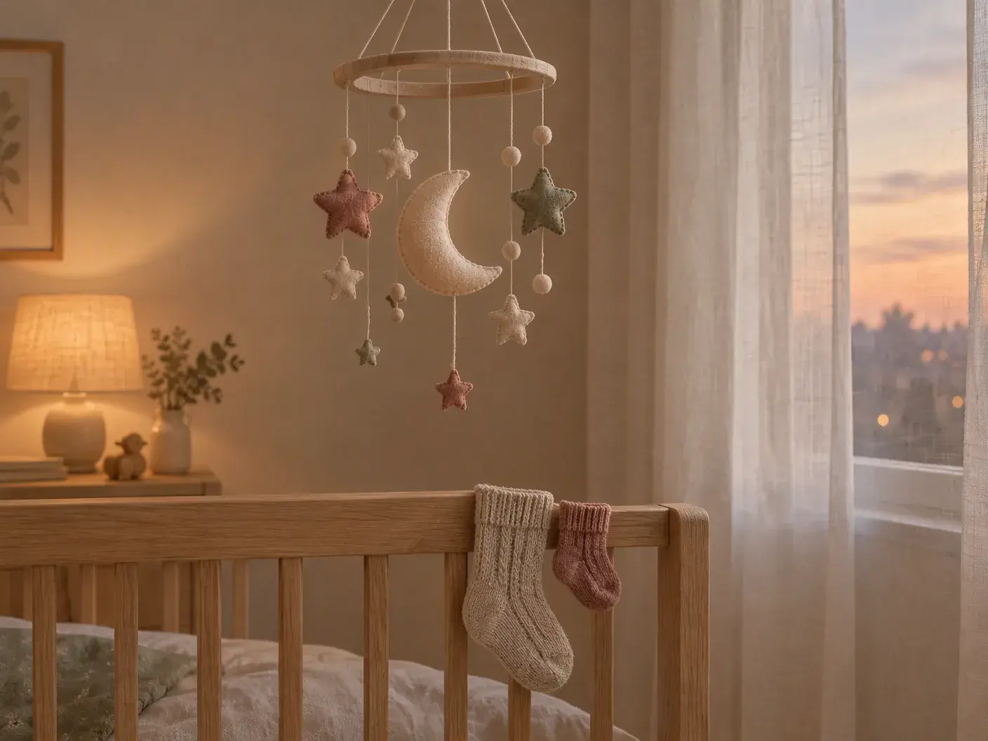 A linen mobile with felt stars and a crescent moon above a light oak crib, one adult and one baby knitted sock on the rail, dusk light