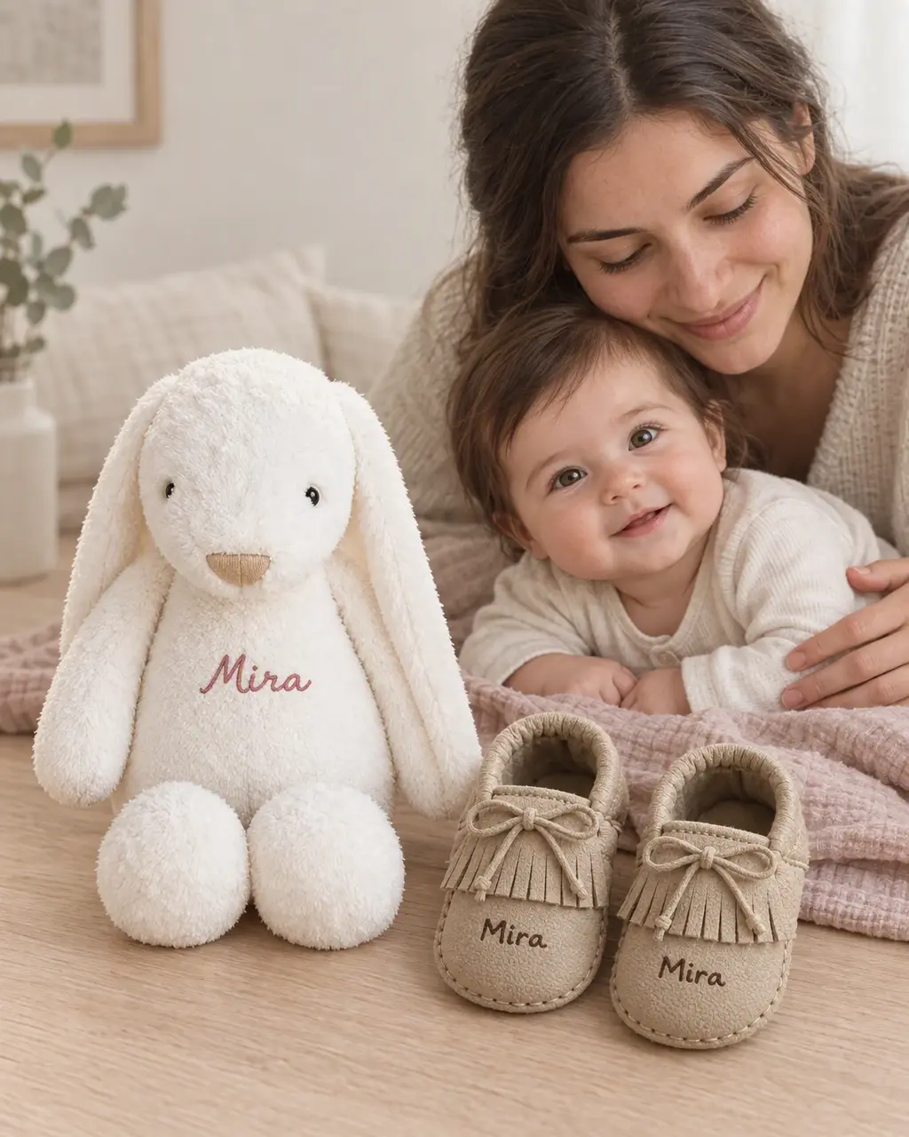 A cream plush bunny and two sand-coloured fringed baby shoes bearing Mira, with a mother and child behind them