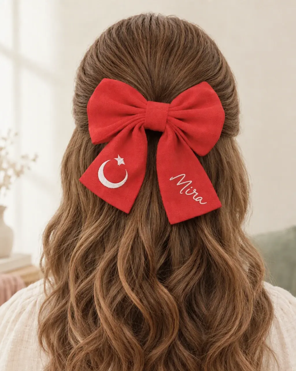 A red sailor hair bow worn on long wavy hair seen from behind, a white crescent and star on the left tail and Mira in white script on the right