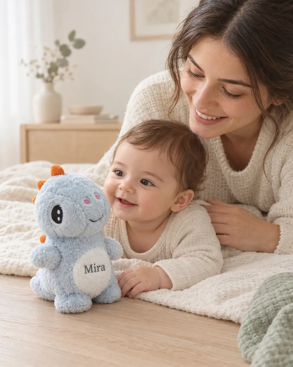 A blue plush dinosaur with orange spikes and Mira on its pale chest, beside an awake child and mother