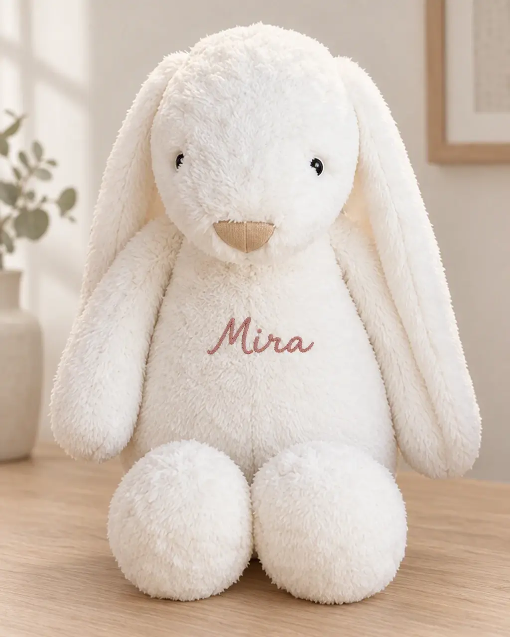 A cream plush bunny with long hanging ears, a broad beige nose and Mira on its chest, seated on a light wooden surface