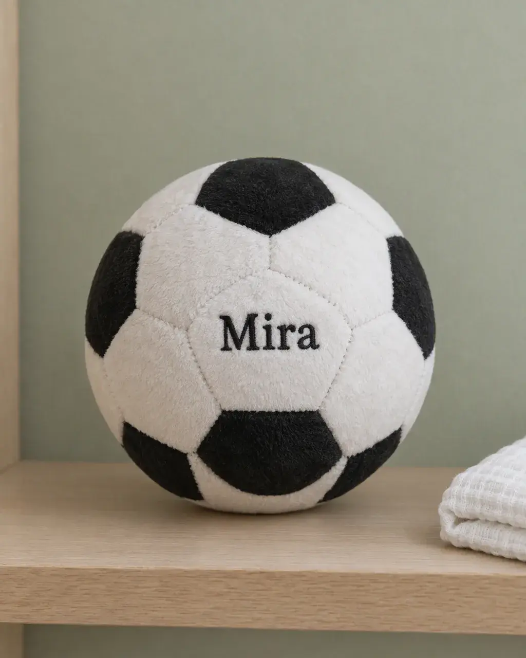 A black-and-white plush football with Mira on the front panel