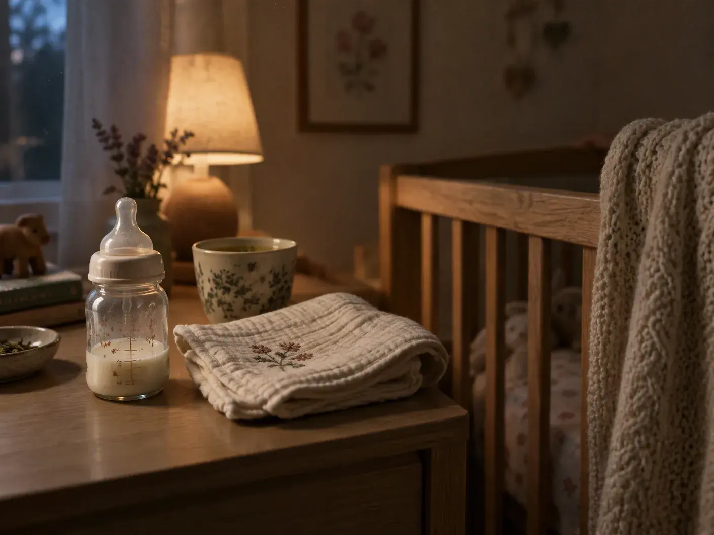 A bedside table at night: a baby bottle with a little milk left in it, a folded muslin cloth with a small embroidered flower, a cup of herbal tea gone cold and a lit lamp; beside it a wooden cot with a knitted blanket over the rail