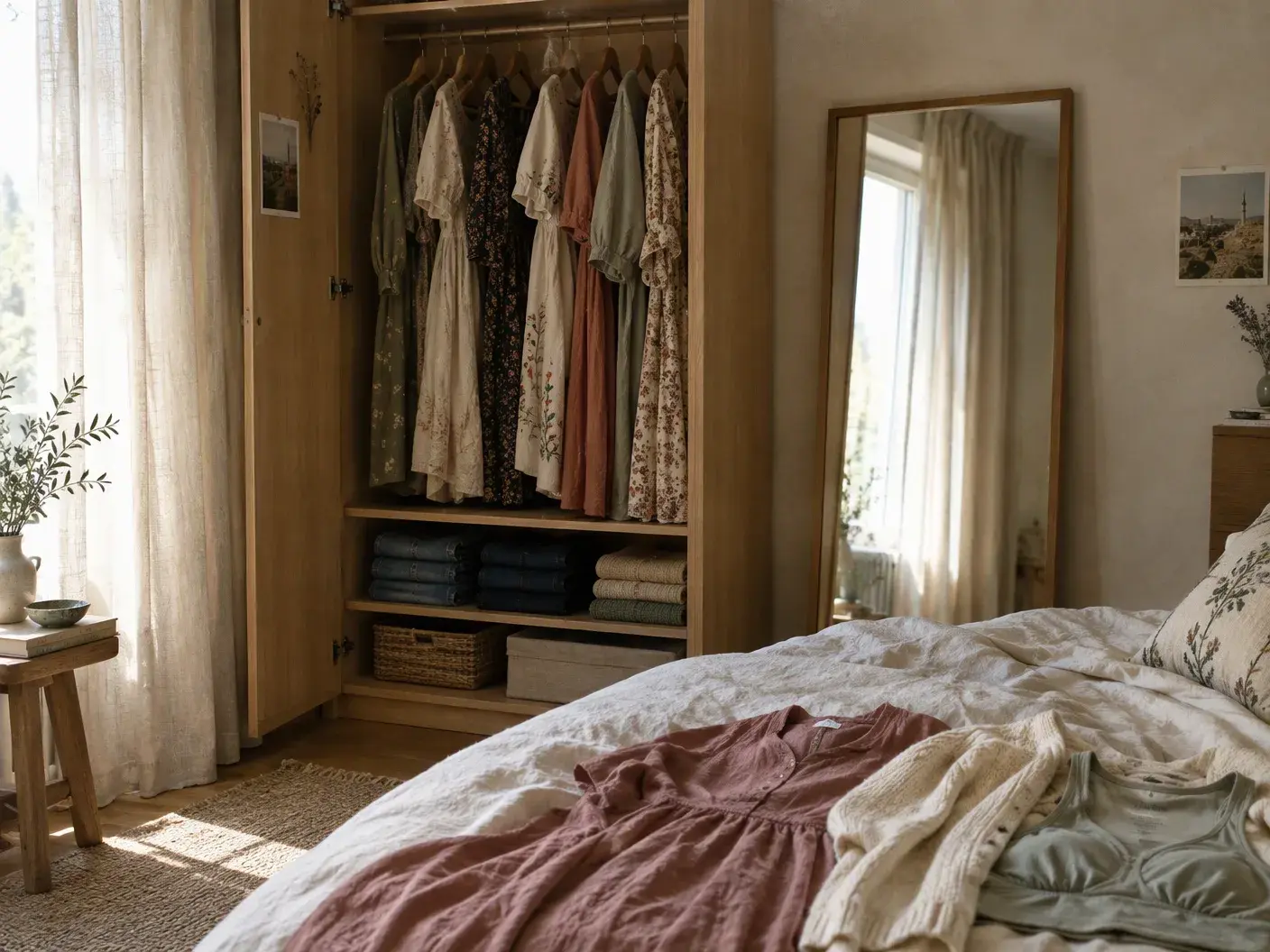 A sunlit bedroom: flowered dresses hanging in an open oak wardrobe above stacks of folded jeans; on the bed a dusty-rose dress, a cream cardigan and a soft nursing top, and a tall mirror reflecting the window