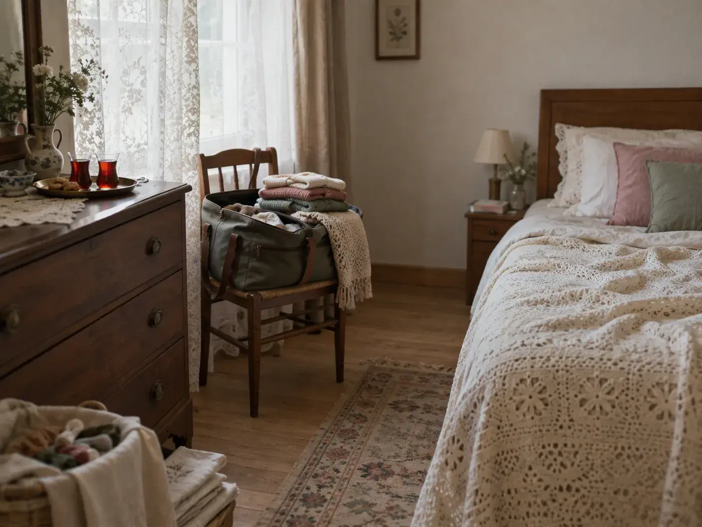 A guest room in a family home: a hand-crocheted cream lace bedspread, a half-unpacked bag on a chair with folded cardigans on top, two tulip-shaped tea glasses and homemade biscuits on a tray on a walnut chest of drawers, lace curtains