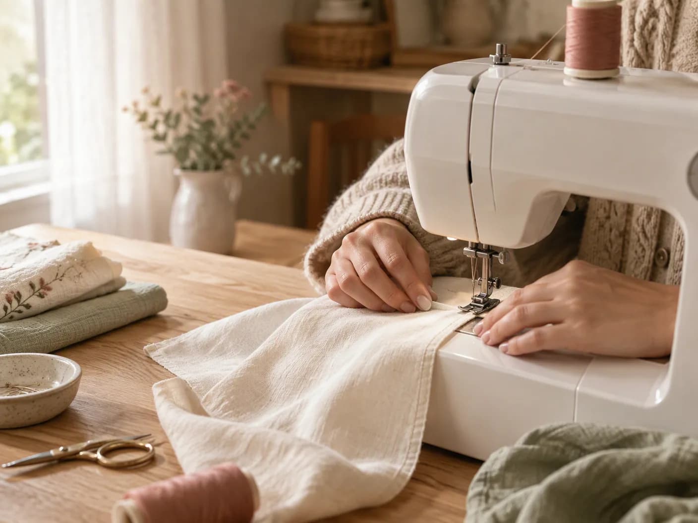Bir kadının elleri krem pamuklu kumaşı dikiş makinesinin iğnesine doğru yönlendiriyor