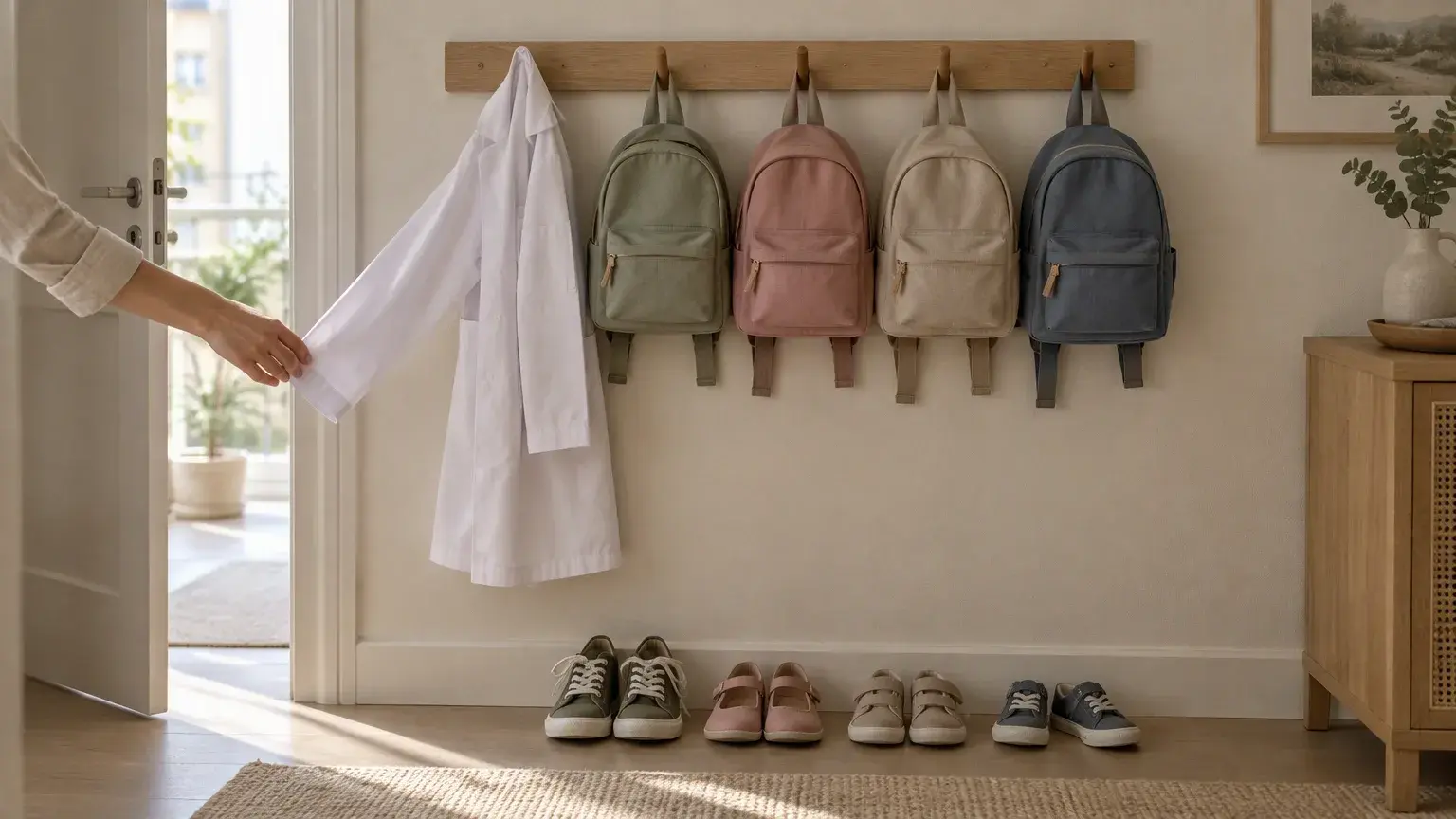A hallway in morning light: a white doctor’s coat on a wooden rail beside four small school backpacks, four pairs of children’s shoes lined up below; a woman’s hand reaches for the coat