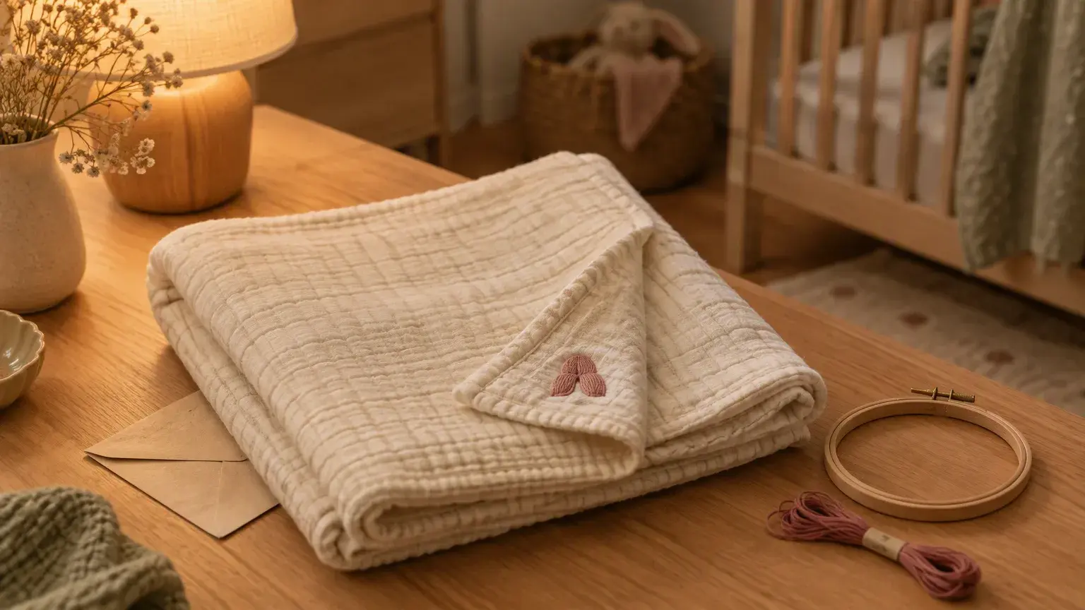 A small embroidered mark in dusty-rose thread on the corner of a folded cream muslin blanket, with a wooden hoop and a skein of thread beside it