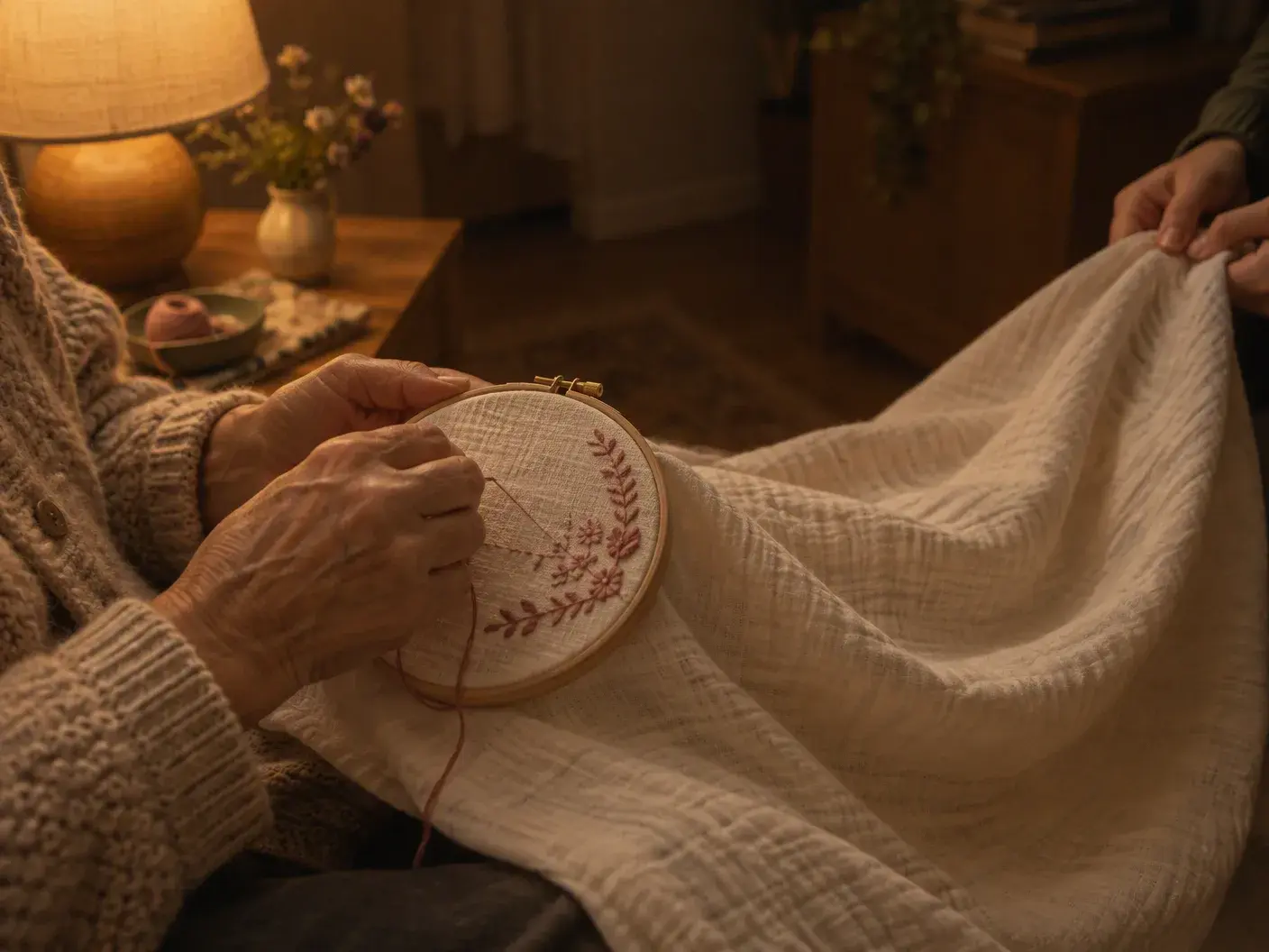 An older woman’s hands embroidering muslin held in a wooden hoop with rose and green thread under a night lamp, another hand holding the far end of the blanket