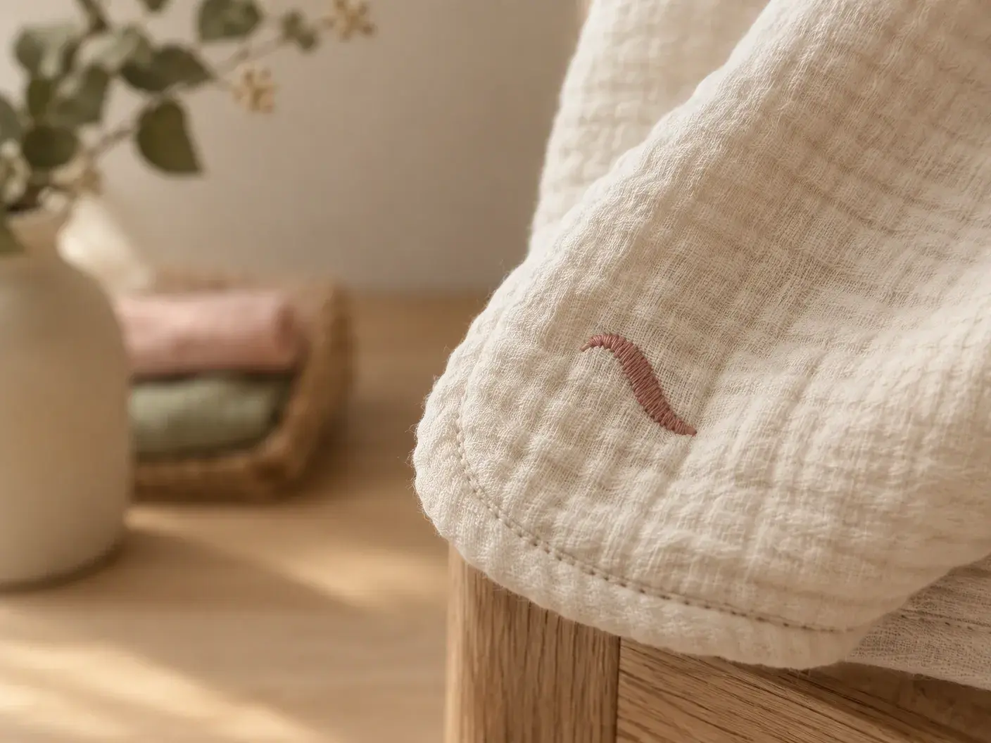 Close-up of a single, slightly slanted embroidered motif on the corner of a cream blanket