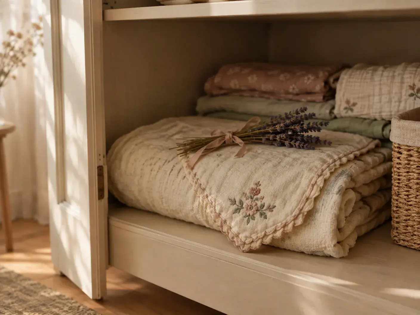 An old folded baby blanket with a floral embroidered edge on the shelf of an open cupboard, a ribbon-tied sprig of dried lavender resting on it