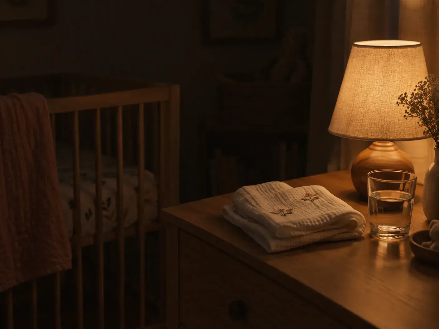 A small warm lamp glowing on a bedside table in a dim nursery, folded muslin and a glass of water beside it
